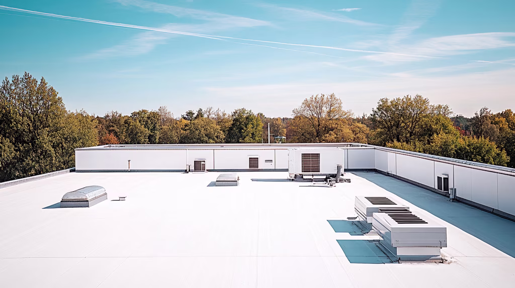 Flat roof with HVAC units, trees